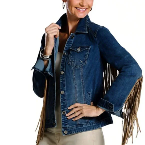 COPY - Chico's Platinum Fringe Denim Jacket - VINTAGE LOOK! NWOT - Picture 3 of 11